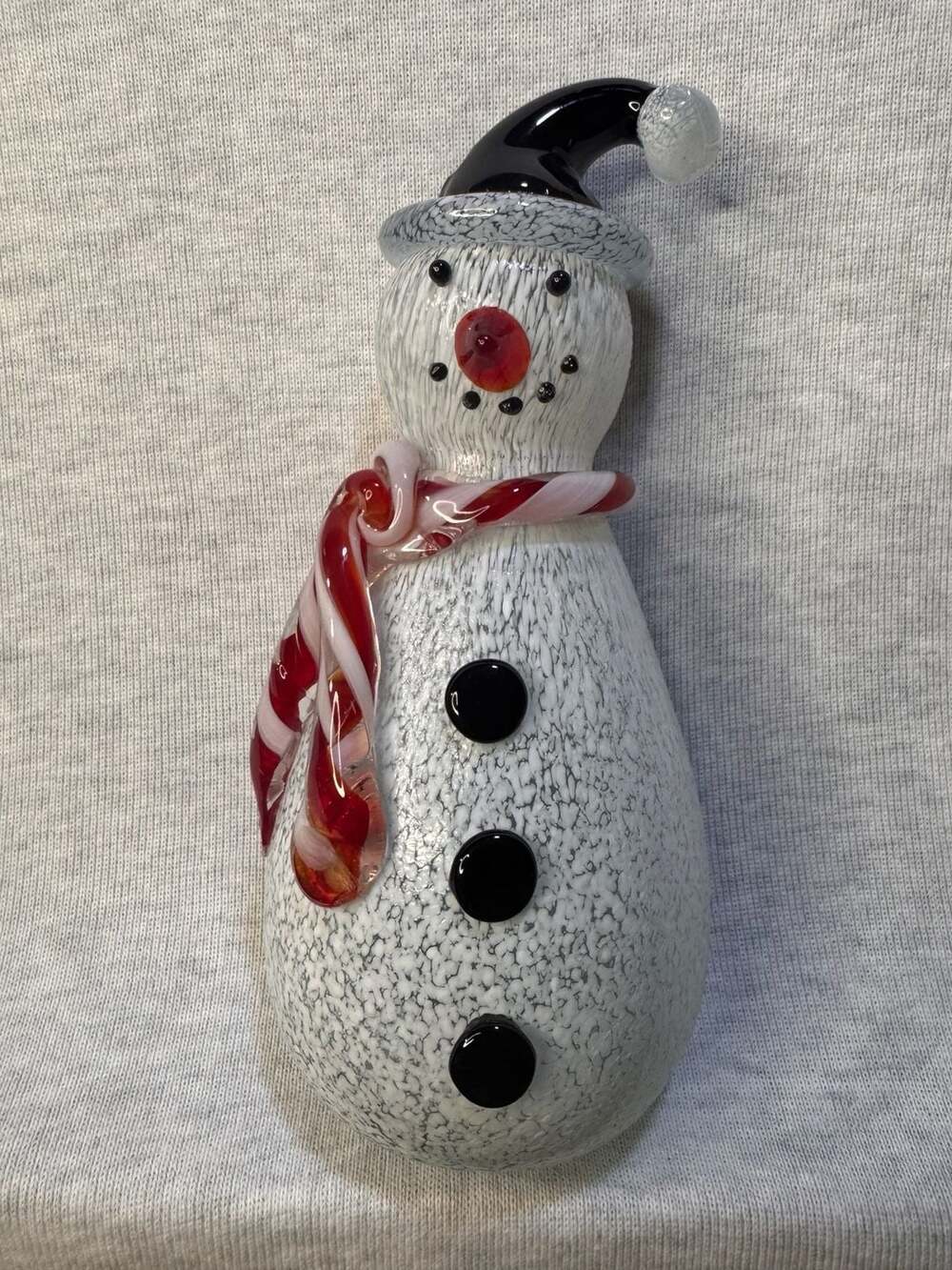 Hand Blown Art Glass Snowman Figurine with Black Hat and Candy Cane Scarf